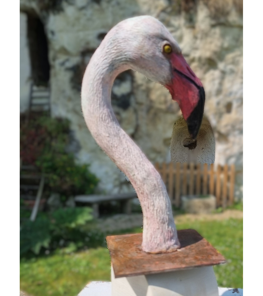 Tête de flamand rose en bronze patiné et coloré
