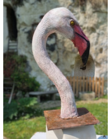 Tête de flamand rose en bronze patiné et coloré