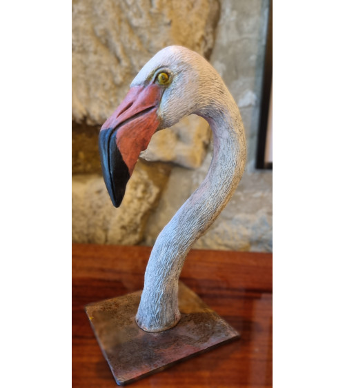 Tête de flamand rose en bronze patiné et coloré