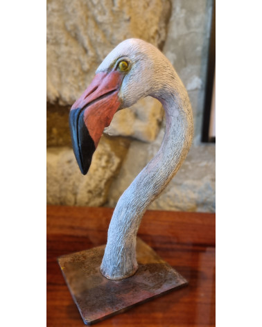 Tête de flamand rose en bronze patiné et coloré