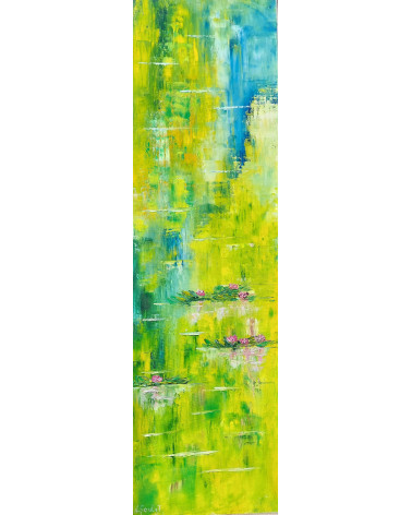 Tableau huile « Histoire d'Eau à Giverny » 100×30 cm Nathalie Soulet