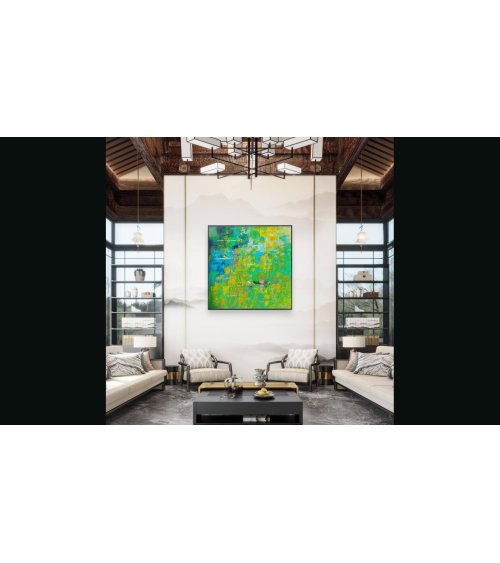 Tableau huile « À Giverny » 50×50 cm Nathalie Soulet Verts | LEV Arts