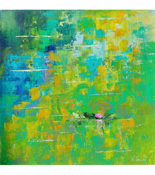 Tableau huile « À Giverny » 50×50 cm Nathalie Soulet Verts | LEV Arts