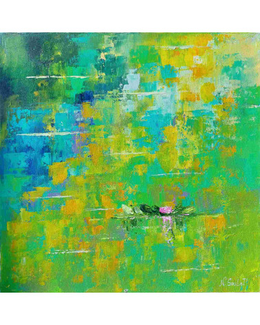Tableau huile « À Giverny » 50×50 cm Nathalie Soulet Verts | LEV Arts