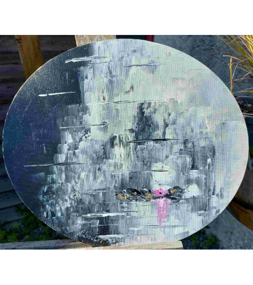 Tableau ovale « Nymphéas » Tondo 40×30 cm Nathalie Soulet Huile | Made