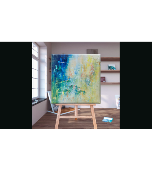 Tableau huile « Nymphéas et Feuilles d'Or » 70×70 Nathalie Soulet | Ma