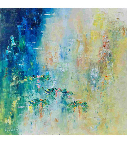 Tableau huile « Nymphéas et Feuilles d'Or » 70×70 Nathalie Soulet | Ma