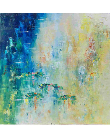 Tableau huile « Nymphéas et Feuilles d'Or » 70×70 Nathalie Soulet | Ma