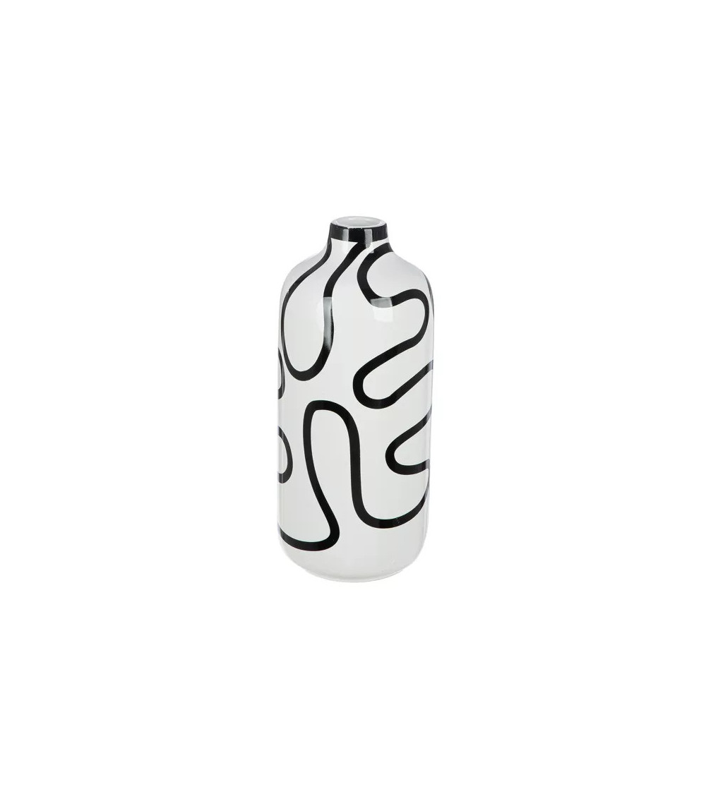 Vase bouteille en céramique blanche, aux lignes noires contemporaines