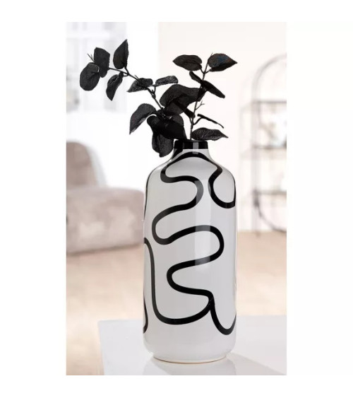 Vase bouteille en céramique blanche, aux lignes noires contemporaines