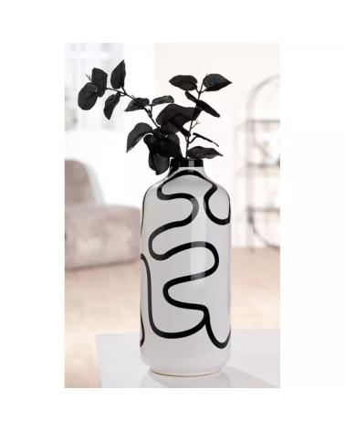 Vase bouteille en céramique blanche, aux lignes noires contemporaines