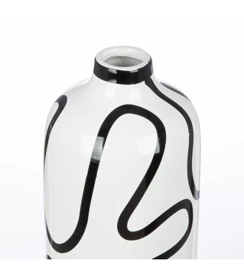 Vase bouteille en céramique blanche, aux lignes noires contemporaines