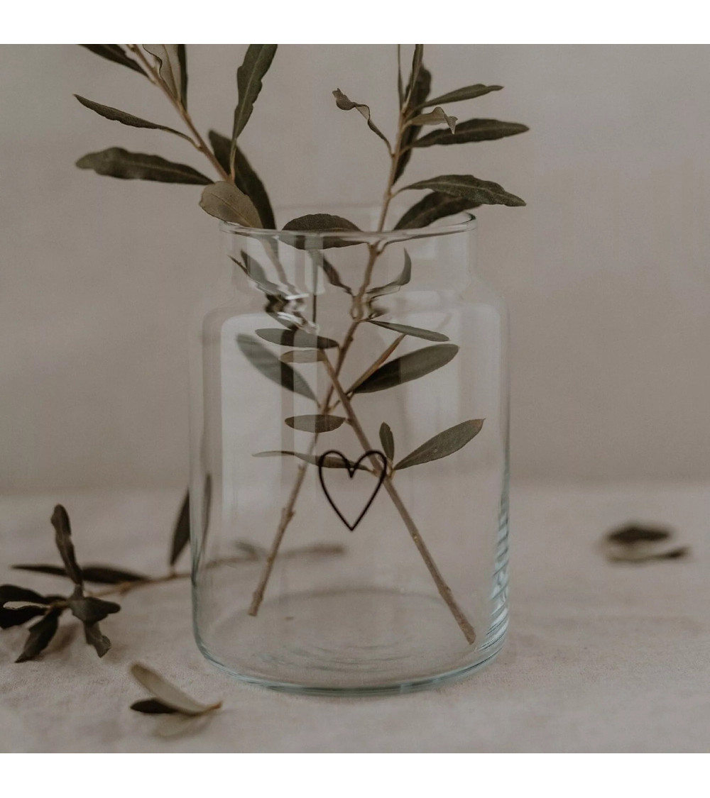 Vase ou photophore, en verre orné, d'un tendre cœur noir en filigrane
