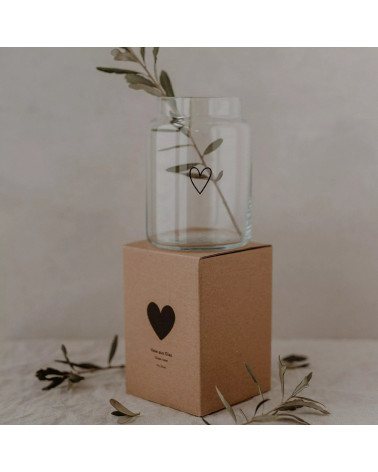 Vase ou photophore, en verre orné, d'un tendre cœur noir en filigrane