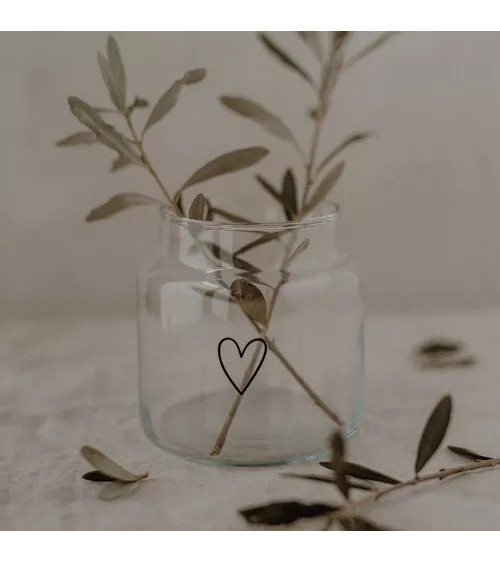 Vase ou photophore, en verre orné, d'un tendre cœur noir en filigrane