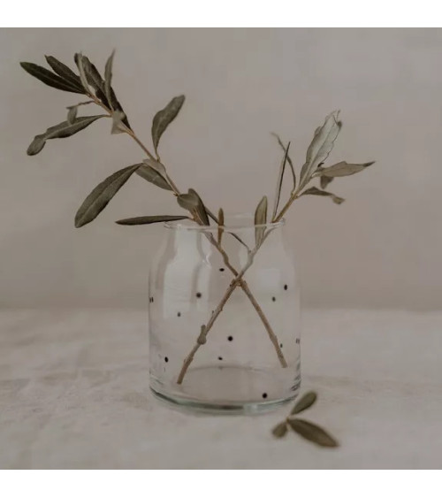Vase ou photophore, en verre orné, d'un tendre cœur noir en filigrane