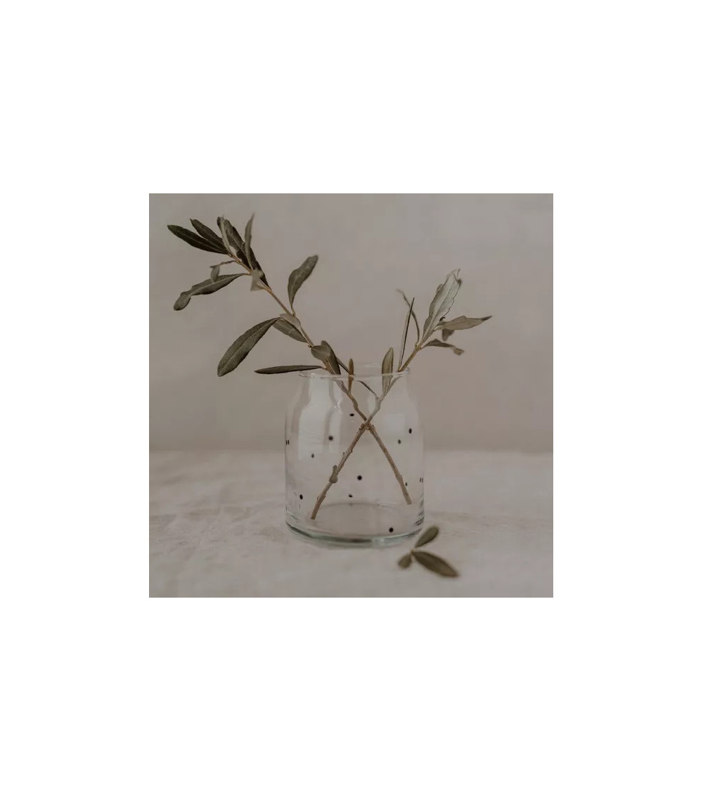 Vase ou photophore, en verre orné, d'un tendre cœur noir en filigrane
