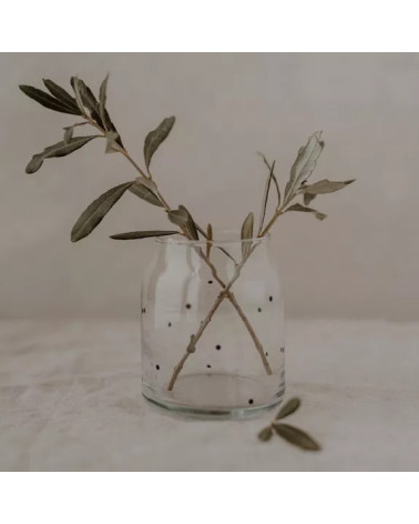 Vase ou photophore, en verre orné, d'un tendre cœur noir en filigrane