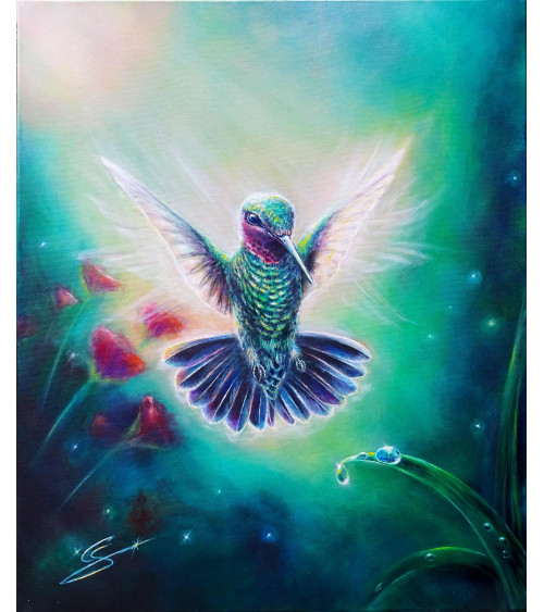 Très beau colibri en vol par la peintre animalière Constance SCHROEDER