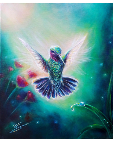 Très beau colibri en vol par la peintre animalière Constance SCHROEDER
