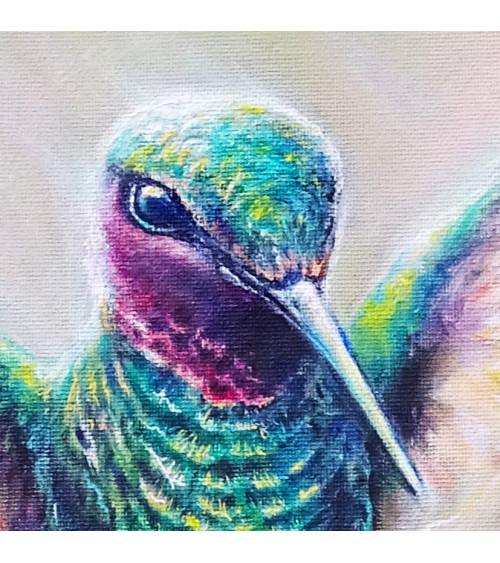 Très beau colibri en vol par la peintre animalière Constance SCHROEDER