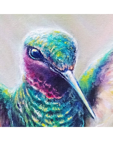 Très beau colibri en vol par la peintre animalière Constance SCHROEDER
