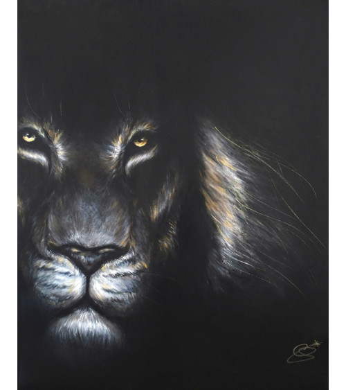 Beau lion noir peint par Constance Schroeder au regard félin réaliste.