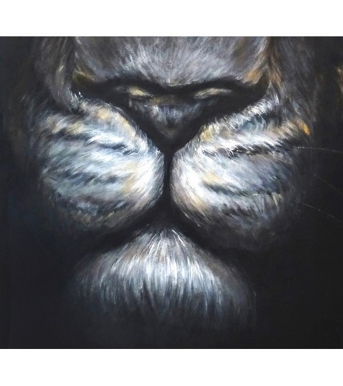 Beau lion noir peint par Constance Schroeder au regard félin réaliste.