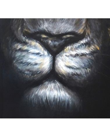 Beau lion noir peint par Constance Schroeder au regard félin réaliste.