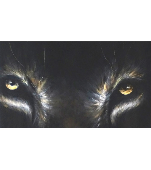 Beau lion noir peint par Constance Schroeder au regard félin réaliste.