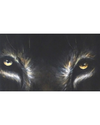Beau lion noir peint par Constance Schroeder au regard félin réaliste.