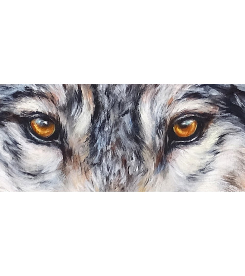 Loup de face, peint par Constance Schroeder au regard félin envoutant.