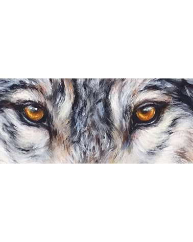 Loup de face, peint par Constance Schroeder au regard félin envoutant.