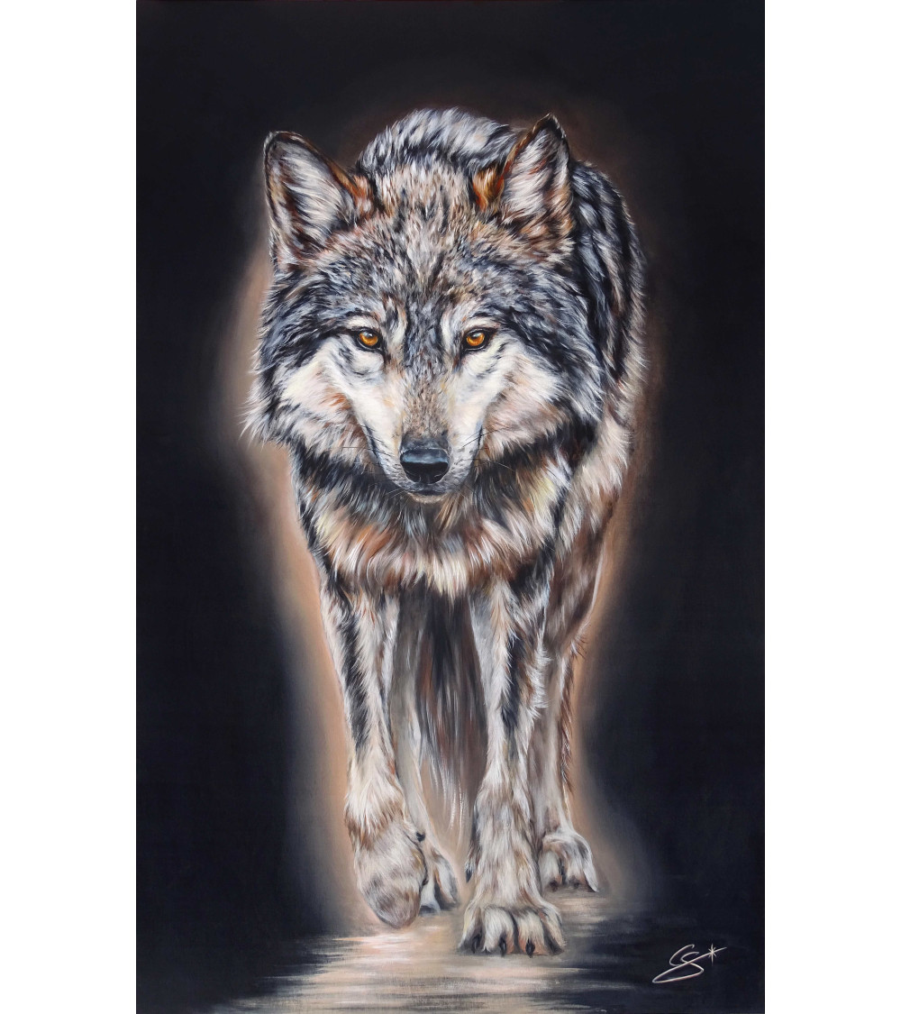Loup de face, peint par Constance Schroeder au regard félin envoutant.