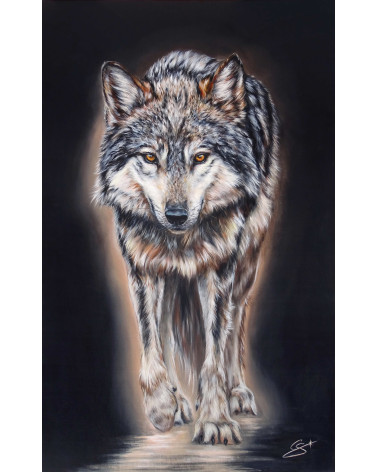 Loup de face, peint par Constance Schroeder au regard félin envoutant.