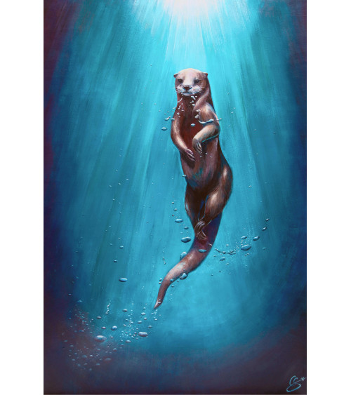 Loutre en nage,  peinte par Constance Schroeder dans un halo lumineux.