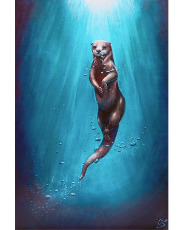 Loutre en nage,  peinte par Constance Schroeder dans un halo lumineux.