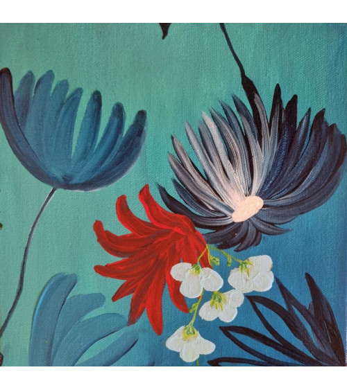 GESSE, bouquet de fleurs de couleurs vives sur fond bleu en acrylique.