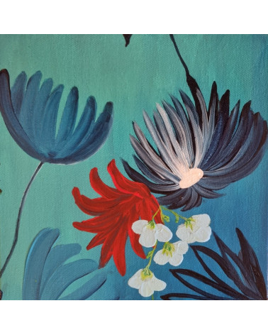 GESSE, bouquet de fleurs de couleurs vives sur fond bleu en acrylique.