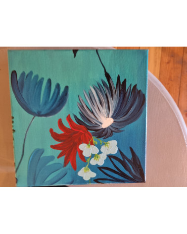 GESSE, bouquet de fleurs de couleurs vives sur fond bleu en acrylique.