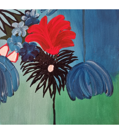 ASTER, bouquet de fleurs de couleurs vives sur fond bleu en acrylique.