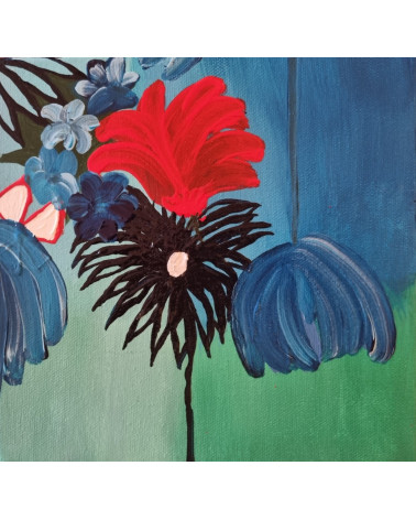 ASTER, bouquet de fleurs de couleurs vives sur fond bleu en acrylique.