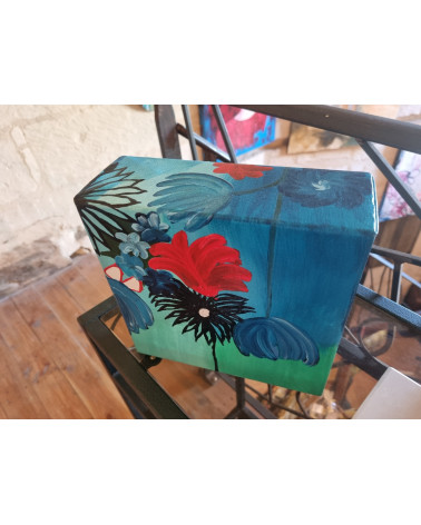 ASTER, bouquet de fleurs de couleurs vives sur fond bleu en acrylique.