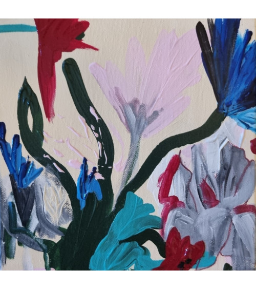 ANTHEMIS bouquet de fleurs de couleurs vives sur fond bleu, acrylique