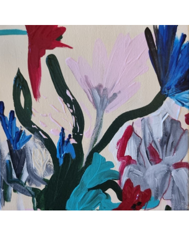 ANTHEMIS bouquet de fleurs de couleurs vives sur fond bleu, acrylique