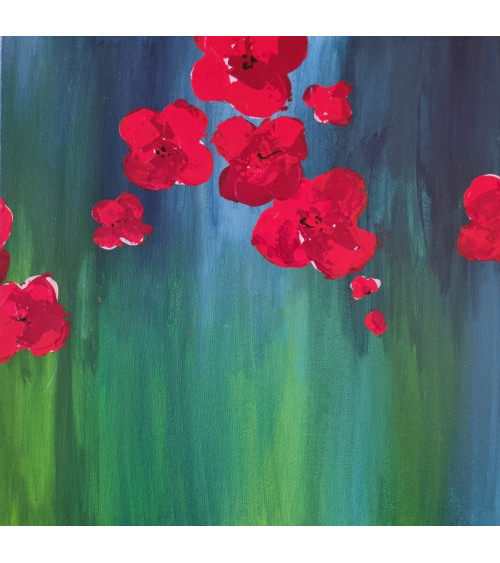 POPPY, bouquet de fleurs de couleurs vives sur fond bleu, acrylique.