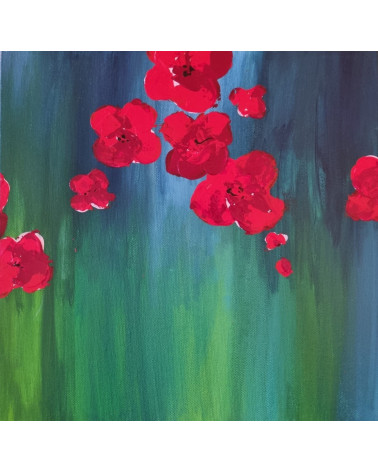 POPPY, bouquet de fleurs de couleurs vives sur fond bleu, acrylique.
