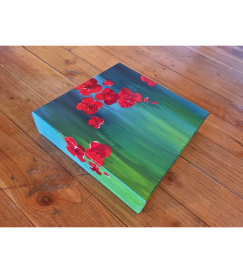 POPPY, bouquet de fleurs de couleurs vives sur fond bleu, acrylique.