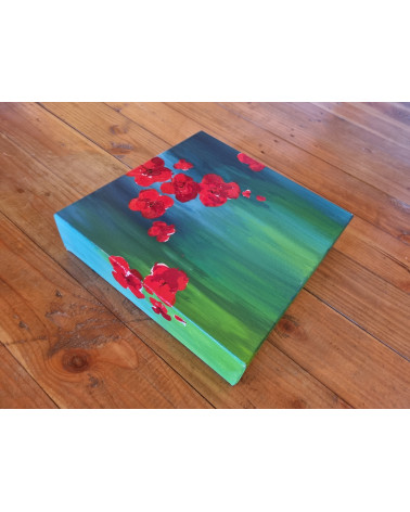 POPPY, bouquet de fleurs de couleurs vives sur fond bleu, acrylique.