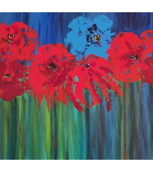 bleue, bouquet de fleurs de couleurs vives sur fond bleu, acrylique.